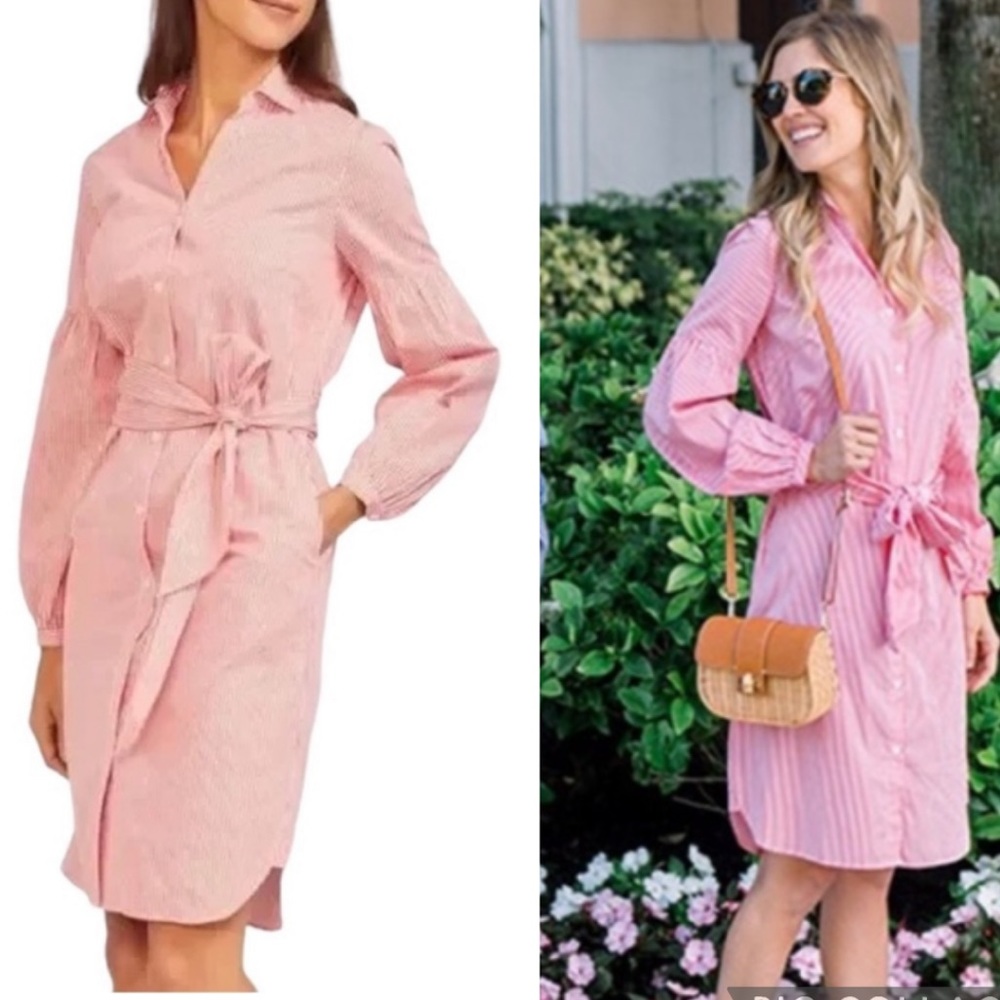 J. McLaughlin Millbury Orange White Striped Tie Waist Shirtdress Midi Dress - M